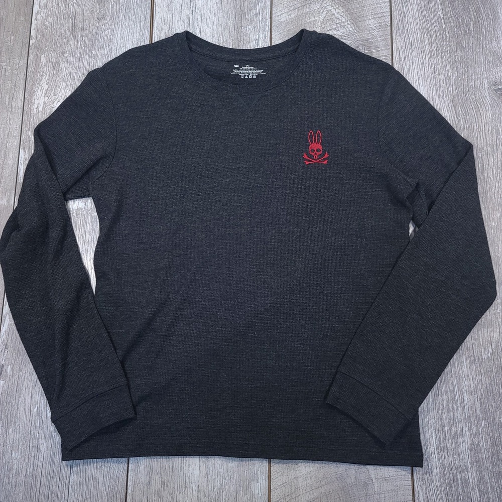 Psycho Bunny Thermal Shirt Mens Medium Charcoal Grey Waffle Knit Long Sleeve